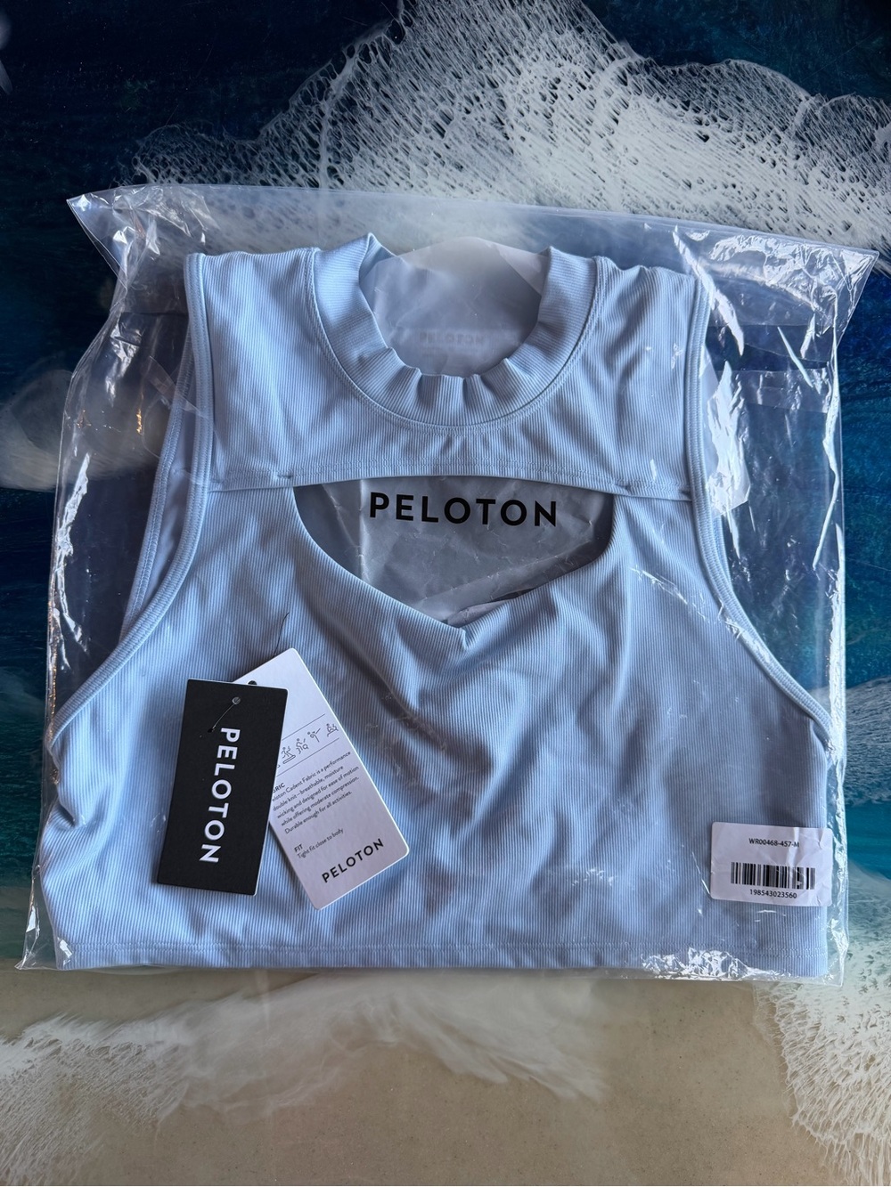 Peloton Blue Rib Mock Neck Cutout Sports Bra Misty Blue Sz M NEW original pkg